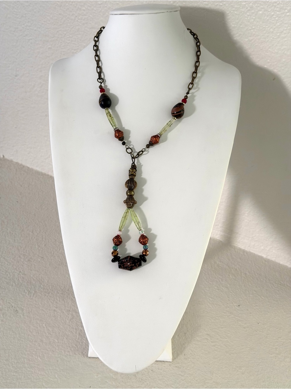 Earth-Tone Glass Bead Y-Style Necklace in Green and Brown